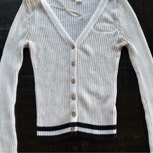 Aeropostale Cream and Black Striped Button-Up Cardigan